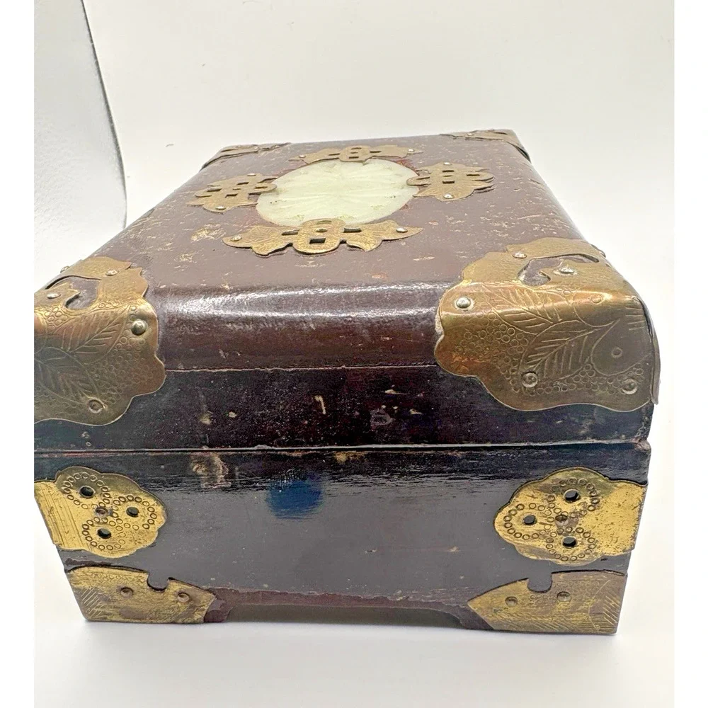 Vintage Chinese Jewelry Box Rosewood Jade Brass Fish Floral Details 6.5”x4”x3”